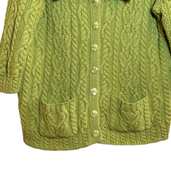 Aran Crafts Cable Knit Green 100% Merino Wool Made in Ireland Cardigan Sweater - Picture 4 of 7